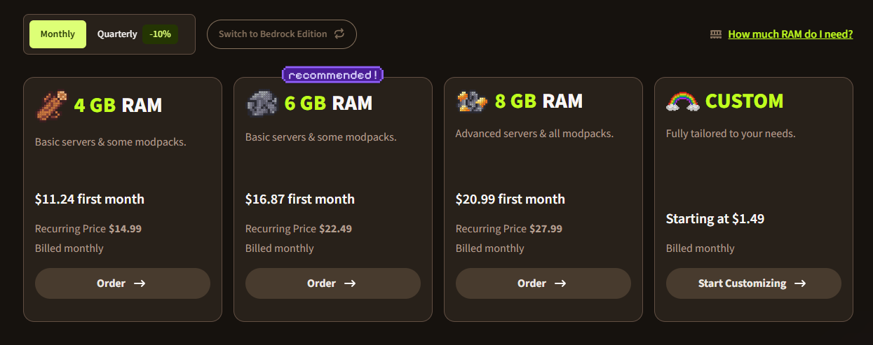 Screenshot: Apexhosting Pricing
